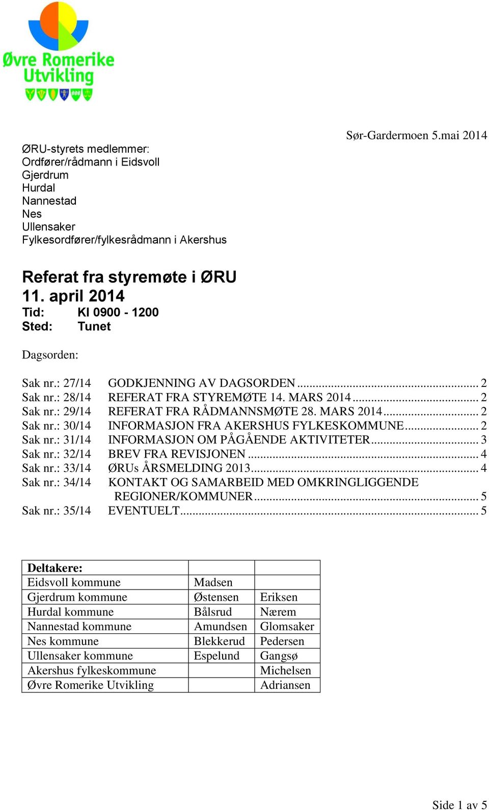 MARS 2014... 2 Sak nr.: 30/14 INFORMASJON FRA AKERSHUS FYLKESKOMMUNE... 2 Sak nr.: 31/14 INFORMASJON OM PÅGÅENDE AKTIVITETER... 3 Sak nr.: 32/14 BREV FRA REVISJONEN... 4 Sak nr.