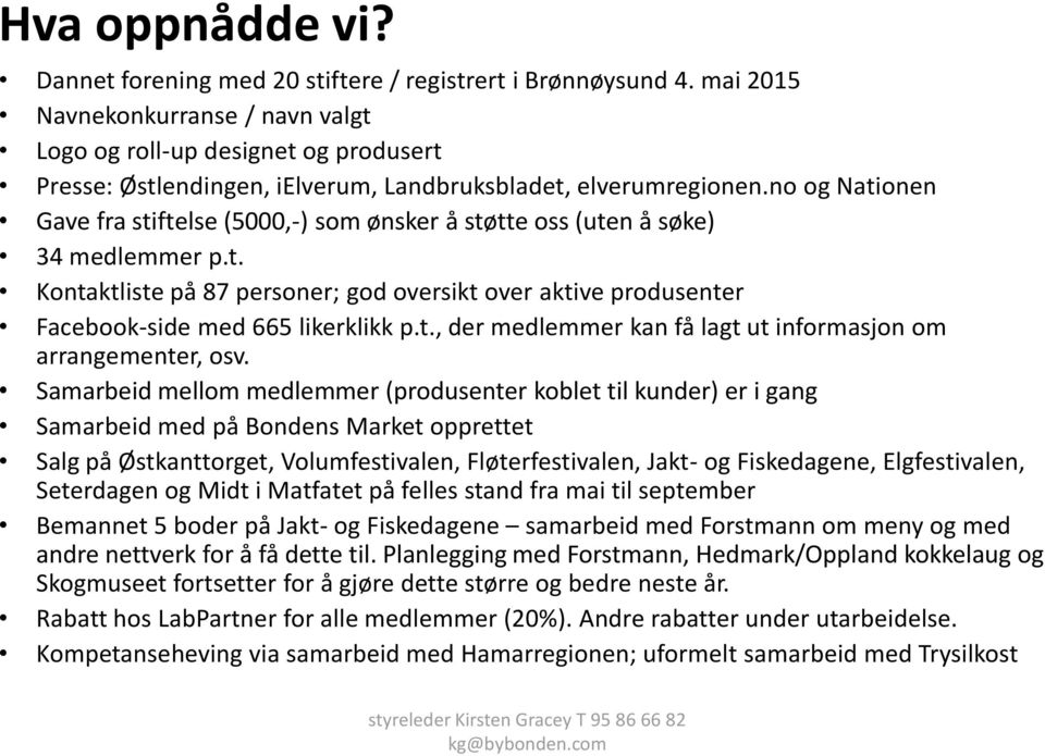 no og Nationen Gave fra stiftelse (5000,-) som ønsker å støtte oss (uten å søke) 34 medlemmer p.t. Kontaktliste på 87 personer; god oversikt over aktive produsenter Facebook-side med 665 likerklikk p.