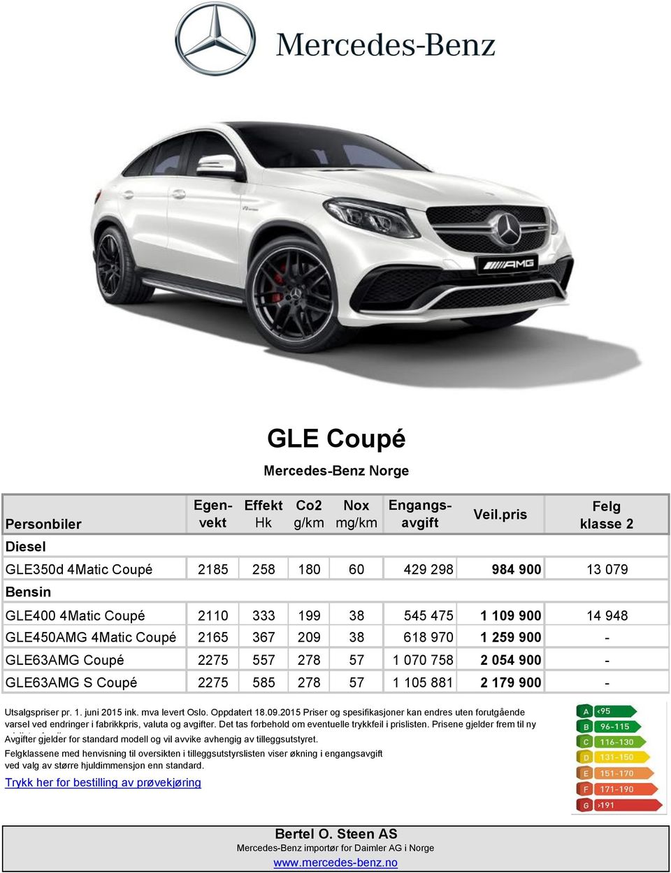 278 57 1 070 758 2 054 900 GLE63AMG S Coupé 2275 585 278 57 1 105 881 2 179 900 Felg klasse 2 13 079 14 948 - - - Utsalgspriser pr. 1. juni 2015 ink. mva levert Oslo. Oppdatert 18.09.