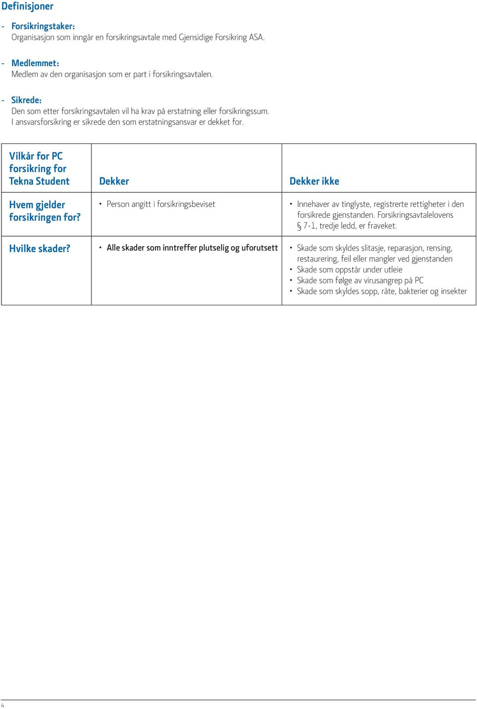 Vilkår for PC forsikring for Tekna Student Dekker Dekker ikke Hvem gjelder forsikringen for?
