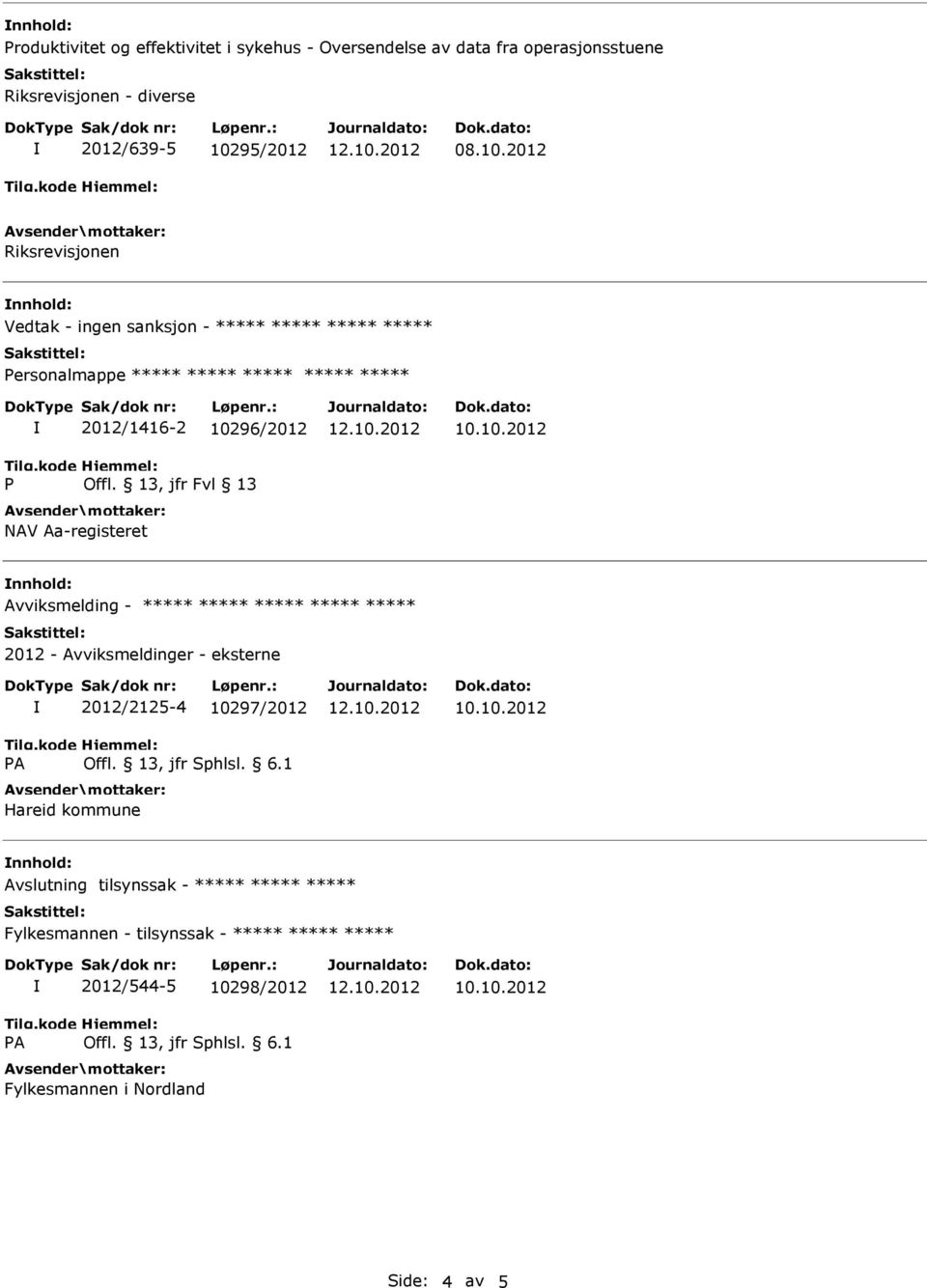 10296/2012 nnhold: Avviksmelding - ***** ***** ***** ***** ***** 2012 - Avviksmeldinger - eksterne 2012/2125-4 10297/2012 Hareid kommune