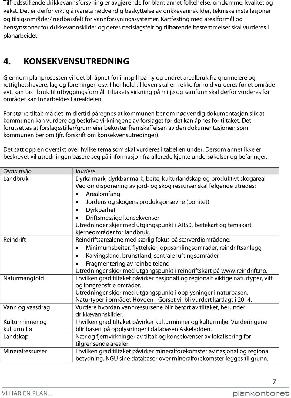 Kartfesting med arealformål og hensynssoner for drikkevannskilder og deres nedslagsfelt og tilhørende bestemmelser skal vurderes i planarbeidet. 4.