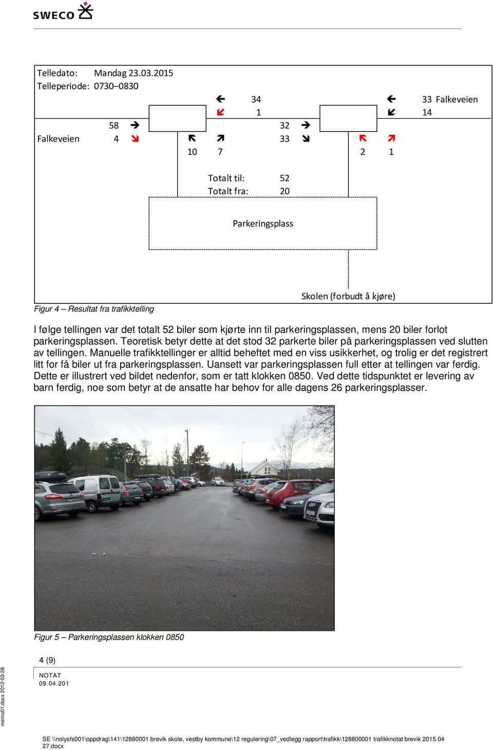 tellingen var det totalt 52 biler som kjørte inn til parkeringsplassen, mens 20 biler forlot parkeringsplassen.