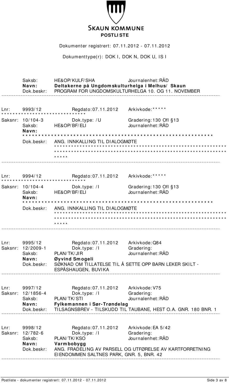 type: /I Gradering:130 Ofl 13 Saksb: HE&OP/BF/ELI Journalenhet:RÅD ANG. INNKALLING TIL DIALOGMØTE Lnr: 9995/12 Regdato:07.11.2012 Arkivkode:Q84 Saksnr: 12/2009-1 Dok.