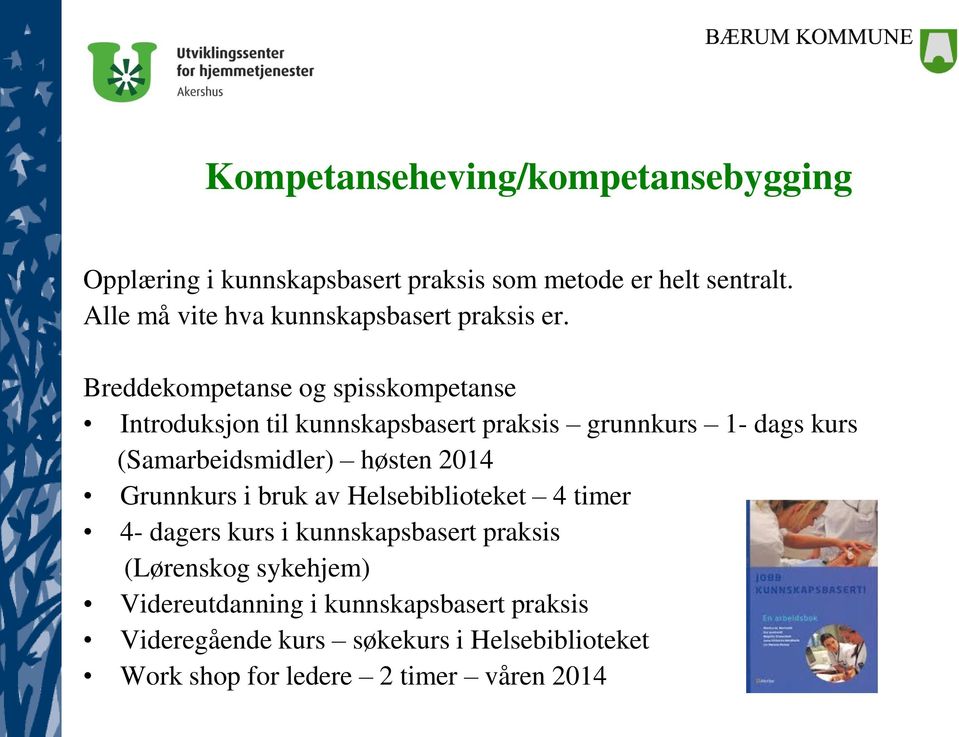 Breddekompetanse og spisskompetanse Introduksjon til kunnskapsbasert praksis grunnkurs 1- dags kurs (Samarbeidsmidler) høsten