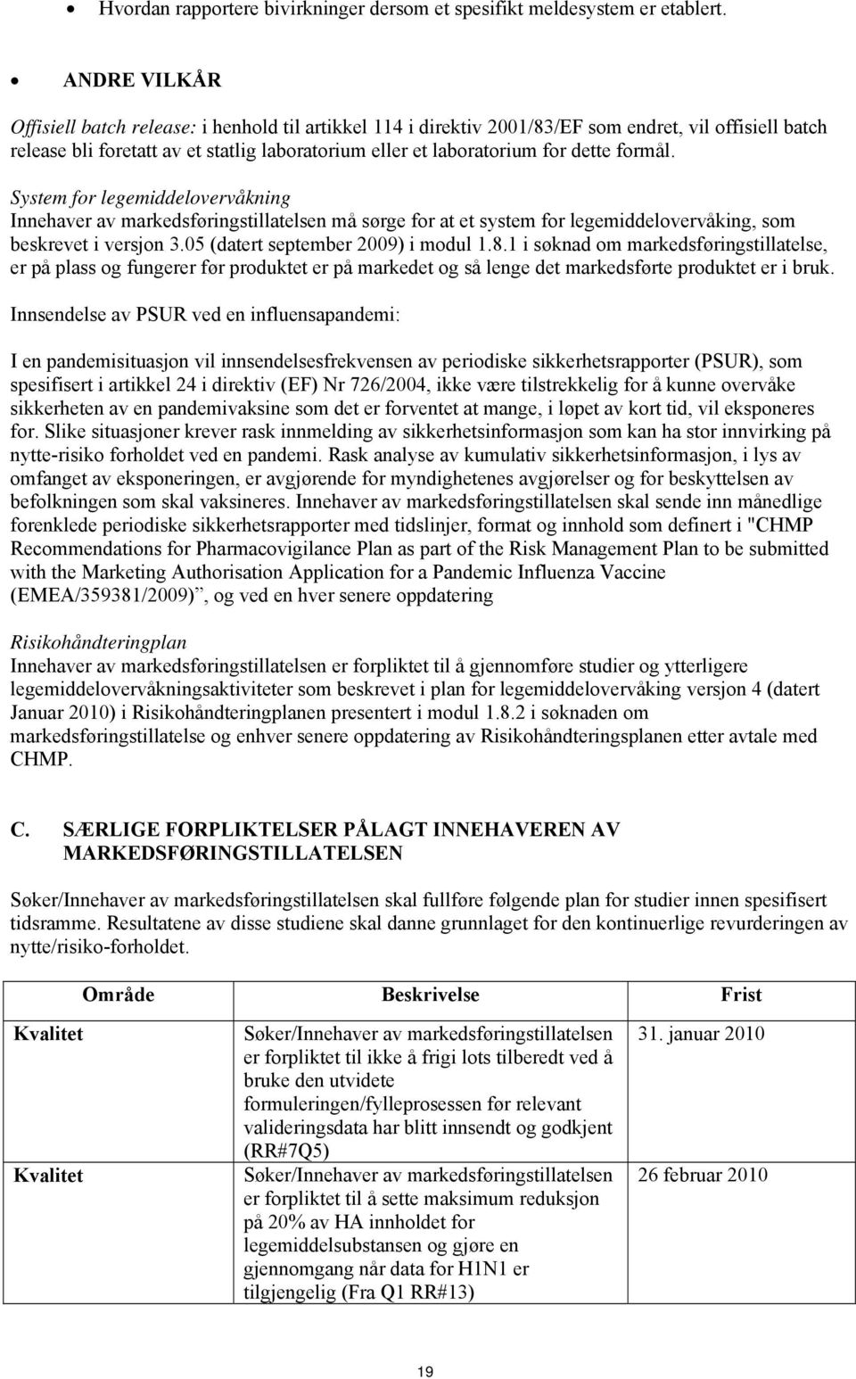 formål. System for legemiddelovervåkning Innehaver av markedsføringstillatelsen må sørge for at et system for legemiddelovervåking, som beskrevet i versjon 3.05 (datert september 2009) i modul 1.8.