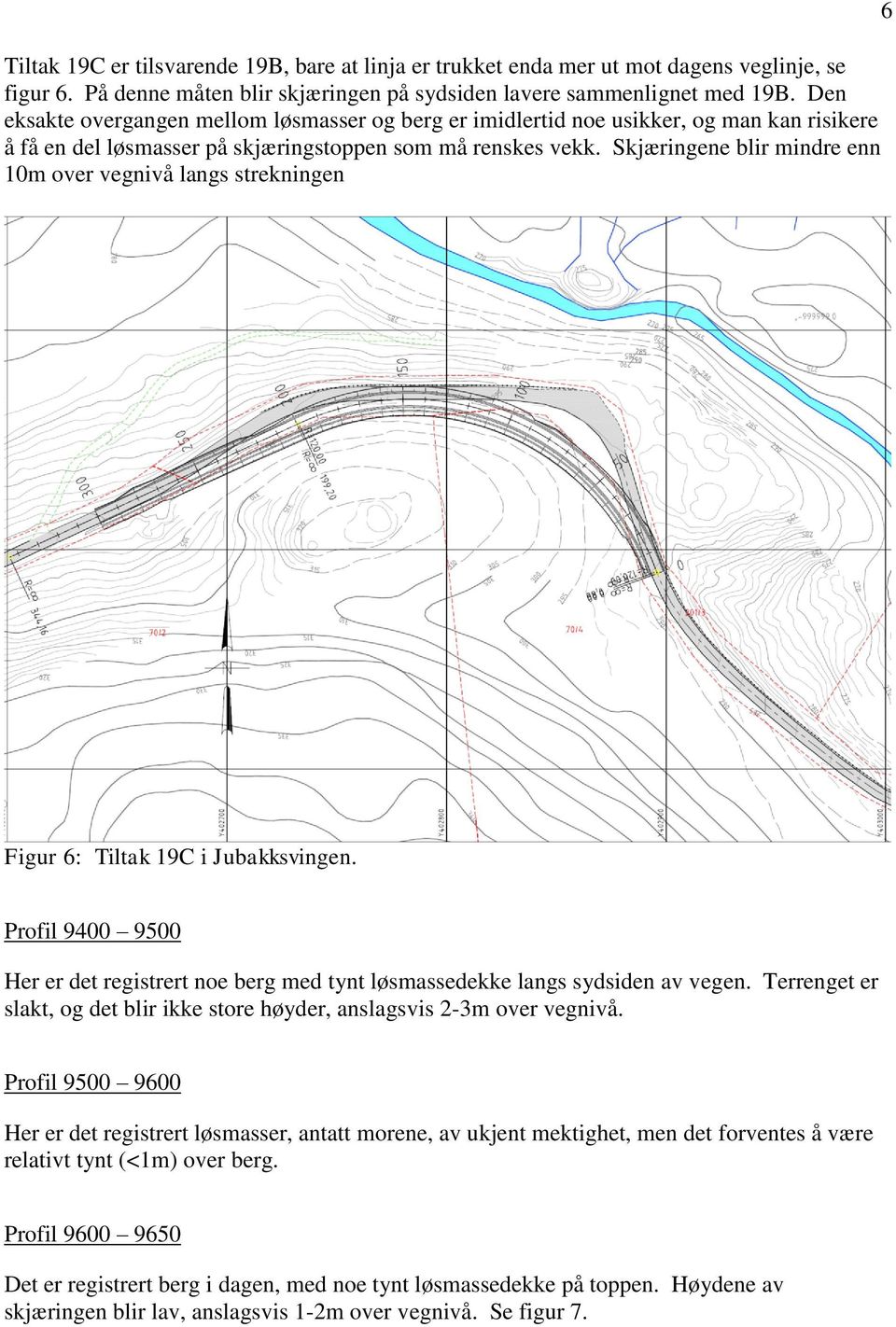 Skjæringene blir mindre enn 10m over vegnivå langs strekningen 6 Figur 6: Tiltak 19C i Jubakksvingen. Profil 9400 9500 Her er det registrert noe berg med tynt løsmassedekke langs sydsiden av vegen.