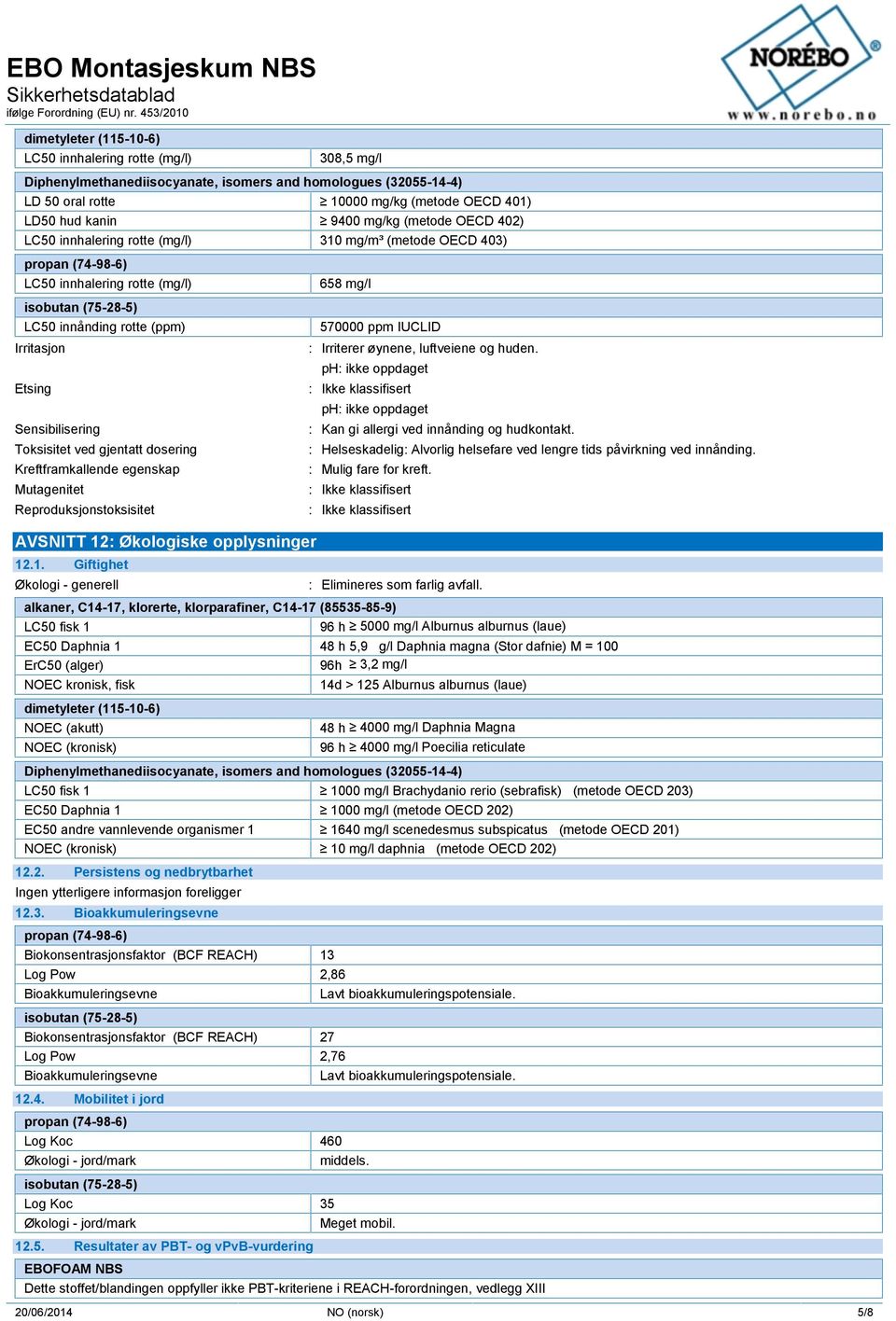 Sensibilisering Toksisitet ved gjentatt dosering Kreftframkallende egenskap Mutagenitet Reproduksjonstoksisitet 658 mg/l 570000 ppm IUCLID : Irriterer øynene, luftveiene og huden.