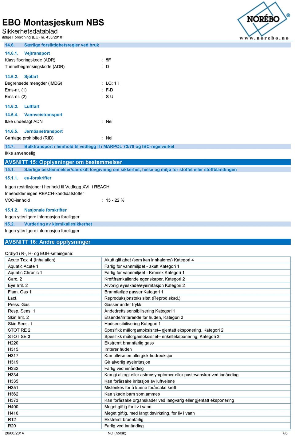 Bulktransport i henhold til vedlegg II i MARPOL 73/78 og IBC-regelverket Ikke anvendelig AVSNITT 15