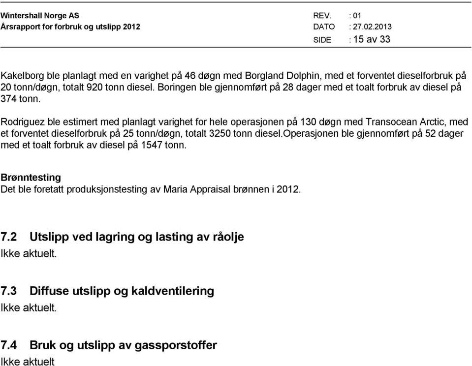 Rodriguez ble estimert med planlagt varighet for hele operasjonen på 130 døgn med Transocean Arctic, med et forventet dieselforbruk på 25 tonn/døgn, totalt 3250 tonn diesel.