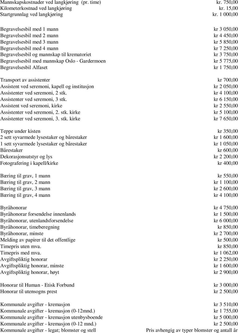 krematoriet kr 3 750,00 Begravelsesbil med mannskap Oslo - Gardermoen kr 5 775,00 Begravelsesbil Alfaset kr 1 750,00 Transport av assistenter kr 700,00 Assistent ved seremoni, kapell og institusjon