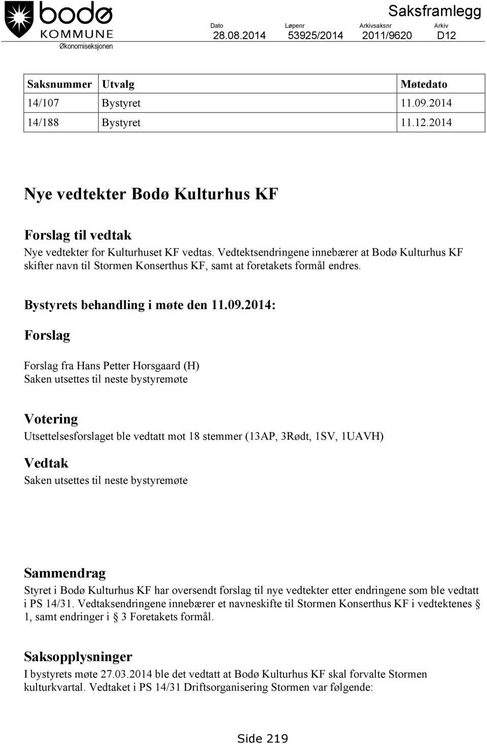 2014: Forslag Forslag fra Hans Petter Horsgaard (H) Saken utsettes til neste bystyremøte Votering Utsettelsesforslaget ble vedtatt mot 18 stemmer (13AP, 3Rødt, 1SV, 1UAVH) Vedtak Saken utsettes til