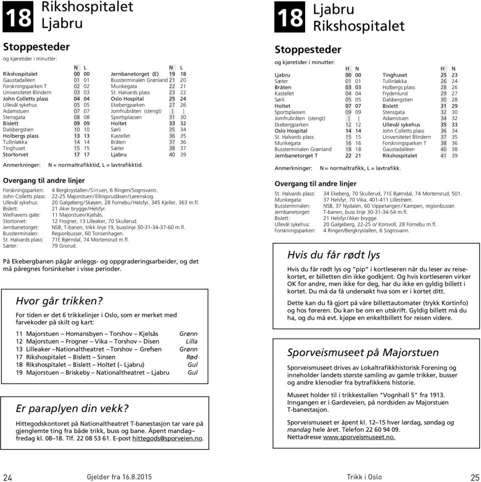 10 Sørli 35 34 13 13 Kastellet 36 35 Tullinløkka 14 14 37 36 15 15 Sæter 38 37 17 17 40 39 N = normaltrafikktid, L = lavtrafikktid. Forskningsparken: 4 Bergkrystallen/Sinsen, 6 Ringen/Sognsvann.