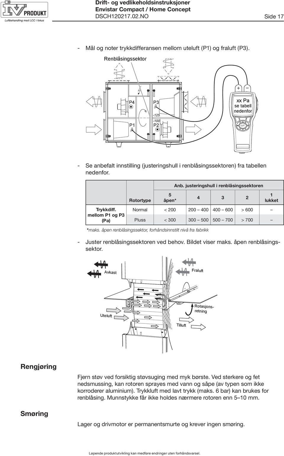 justeringshull i renblåsingssektoren Rotortype 5 åpen* 4 3 2 1 lukket Trykkdiff. mellom P1 og P3 (Pa) Normal < 200 200 400 400 600 > 600 Pluss < 300 300 500 500 700 > 700 *maks.