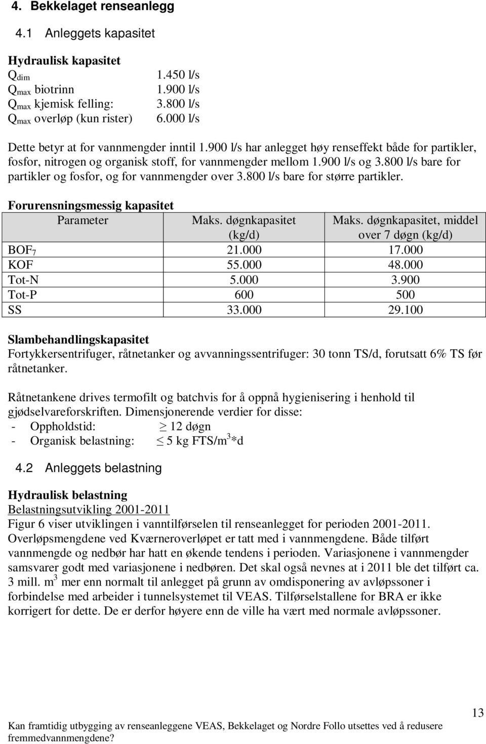 8 l/s bare for partikler og fosfor, og for vannmengder over 3.8 l/s bare for større partikler. Forurensningsmessig kapasitet Parameter Maks. døgnkapasitet (kg/d) BOF 7 21. 17. KOF 55. 48. Tot-N 5. 3.9 Tot-P 6 5 SS 33.