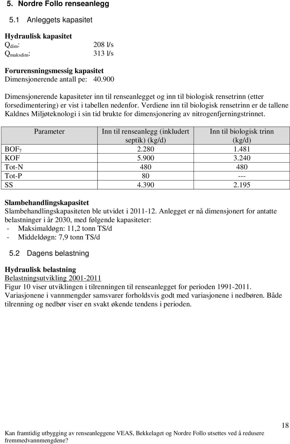 Verdiene inn til biologisk rensetrinn er de tallene Kaldnes Miljøteknologi i sin tid brukte for dimensjonering av nitrogenfjerningstrinnet.