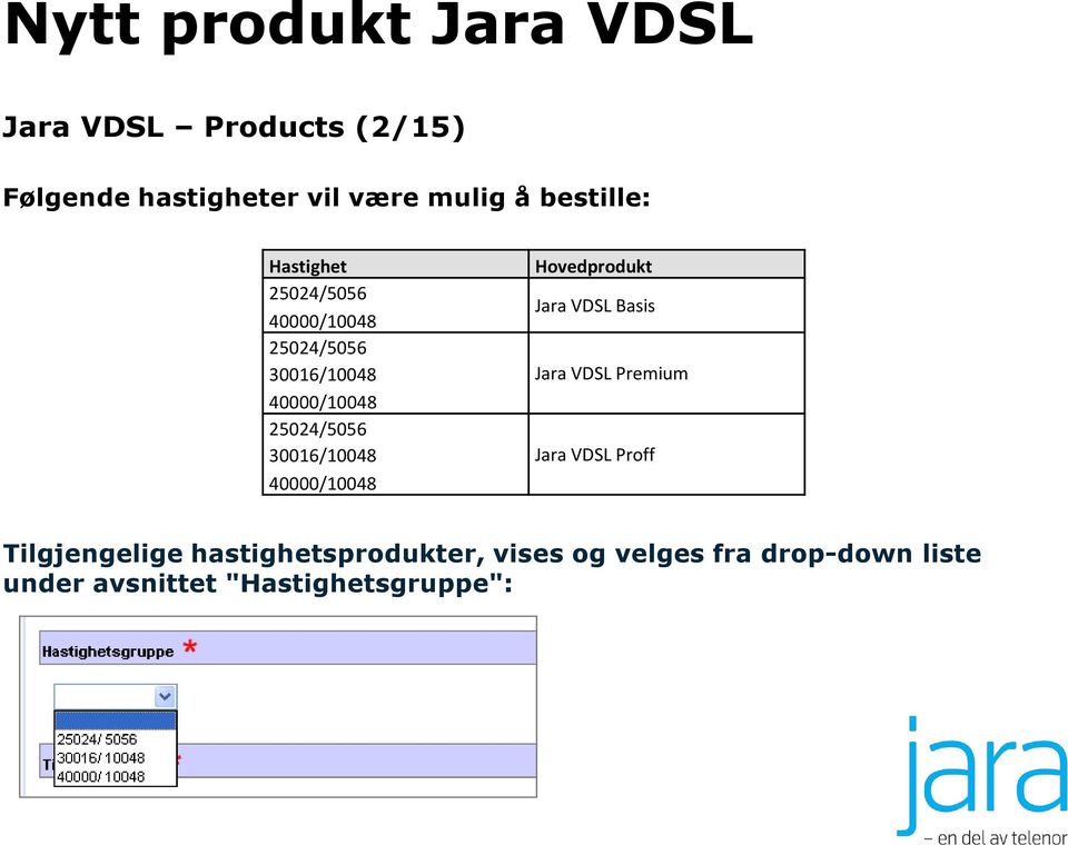 40000/10048 Hovedprodukt Jara VDSL Basis Jara VDSL Premium Jara VDSL Proff