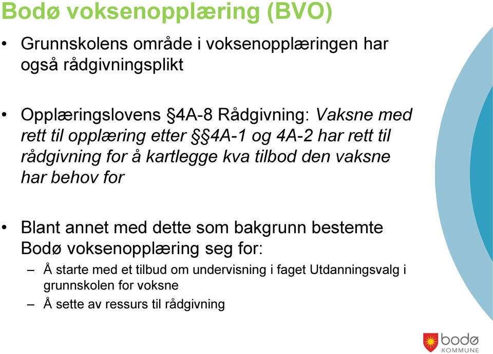 tilbod den vaksne har behov for Blant annet med dette som bakgrunn bestemte Bodø voksenopplæring seg for: Å