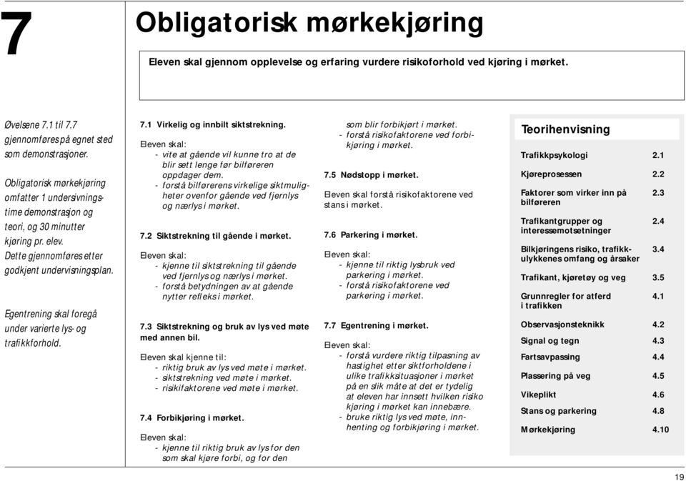 Egentrening skal foregå under varierte lys- og trafikkforhold. 7.1 Virkelig og innbilt siktstrekning. - vite at gående vil kunne tro at de blir sett lenge før bilføreren oppdager dem.