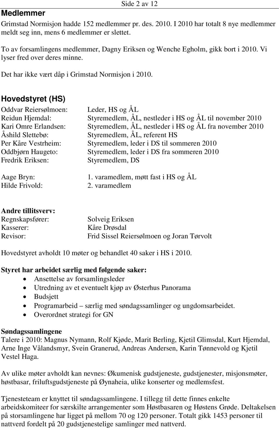 Hovedstyret (HS) Oddvar Reiersølmoen: Leder, HS og ÅL Reidun Hjemdal: Styremedlem, ÅL, nestleder i HS og ÅL til november 2010 Kari Omre Erlandsen: Styremedlem, ÅL, nestleder i HS og ÅL fra november