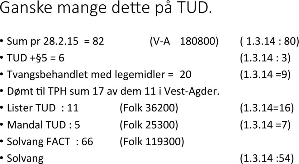 Lister TUD : 11 (Folk 36200) (1.3.14=16) Mandal TUD : 5 (Folk 25300) (1.3.14 =7) Solvang FACT : 66 (Folk 119300) Solvang (1.