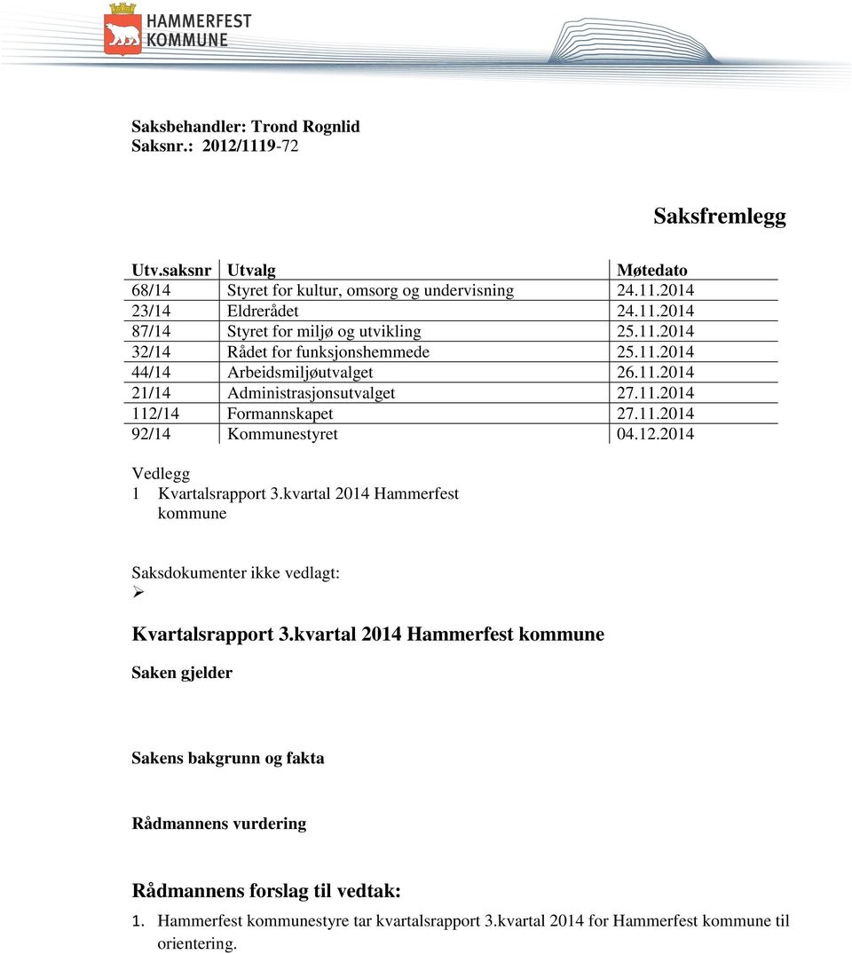 12.2014 Vedlegg 1 Kvartalsrapport 3.kvartal 2014 Hammerfest kommune Saksdokumenter ikke vedlagt: Kvartalsrapport 3.