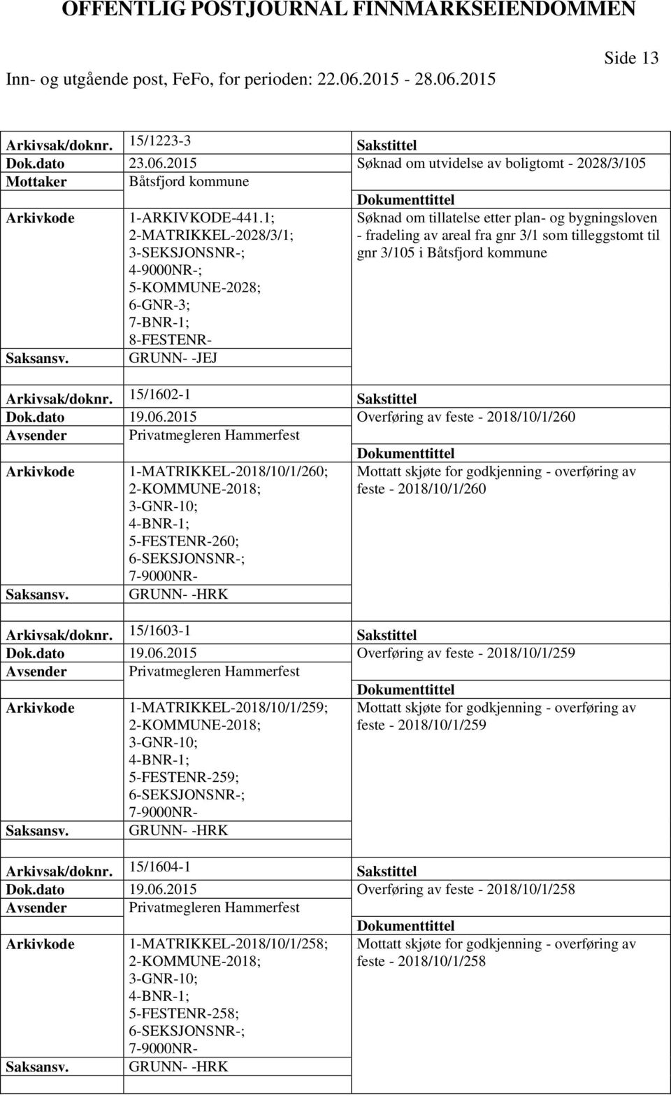 8-FESTENR- GRUNN- -JEJ Arkivsak/doknr. 15/1602-1 Sakstittel Dok.dato 19.06.