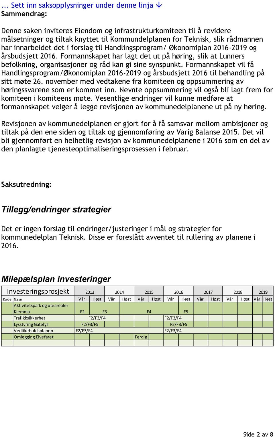 Formannskapet har lagt det ut på høring, slik at Lunners befolkning, organisasjoner og råd kan gi sine synspunkt.