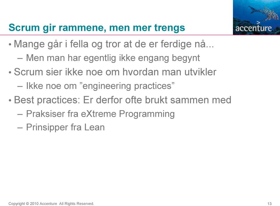 man utvikler Ikke noe om engineering practices Best practices: Er derfor