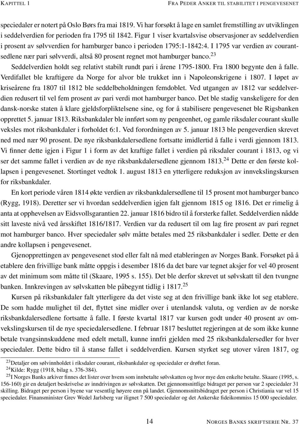 Figur 1 viser kvartalsvise observasjoner av seddelverdien i prosent av sølvverdien for hamburger banco i perioden 1795:1-1842:4.