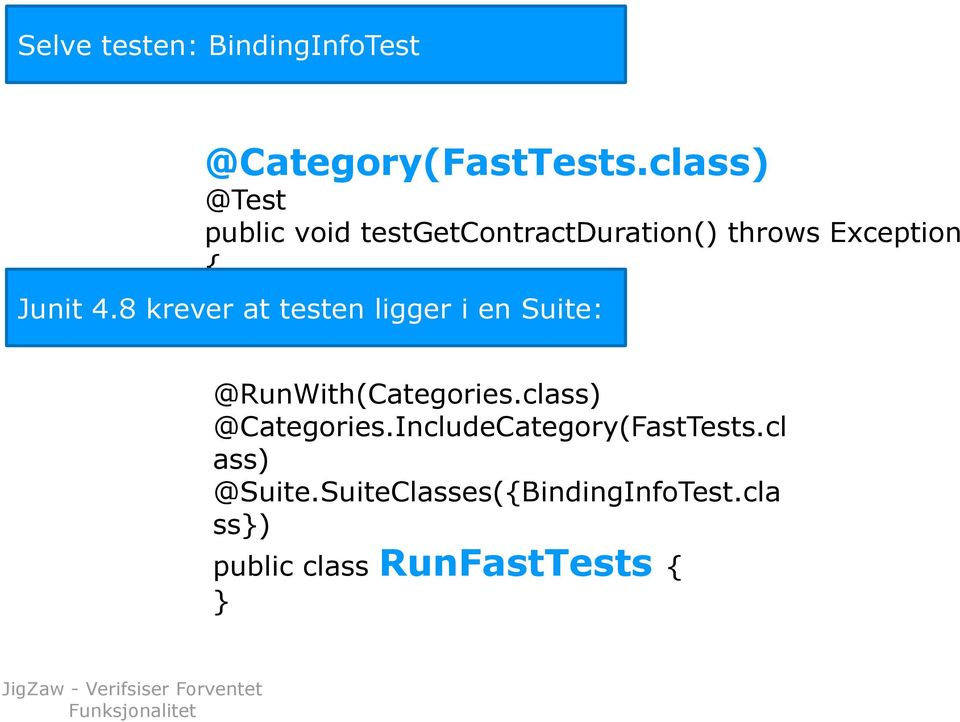 8 krever at testen ligger i en Suite: @RunWith(Categories.class) @Categories.