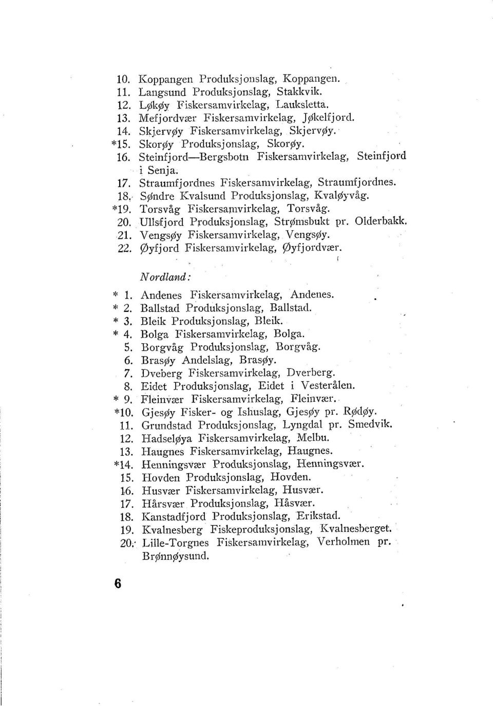 Straumfjordnes Fislrersan~virlrelag, Straumfjordi~es. 18. SØiidre Kvalsund Produksjonslag, KvalØyvåg. *19. Torsvåg Fislrersan~virlrelag, Torsvåg. 20. Ullsfjord Produksjouslag, StrØn~sbulrt pr.