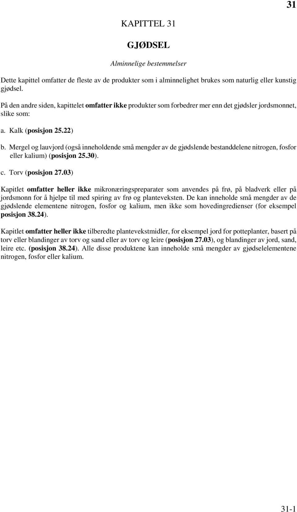 Mergel og lauvjord (også inneholdende små mengder av de gjødslende bestanddelene nitrogen, fosfor eller kalium) (posisjon 25.30). c. Torv (posisjon 27.