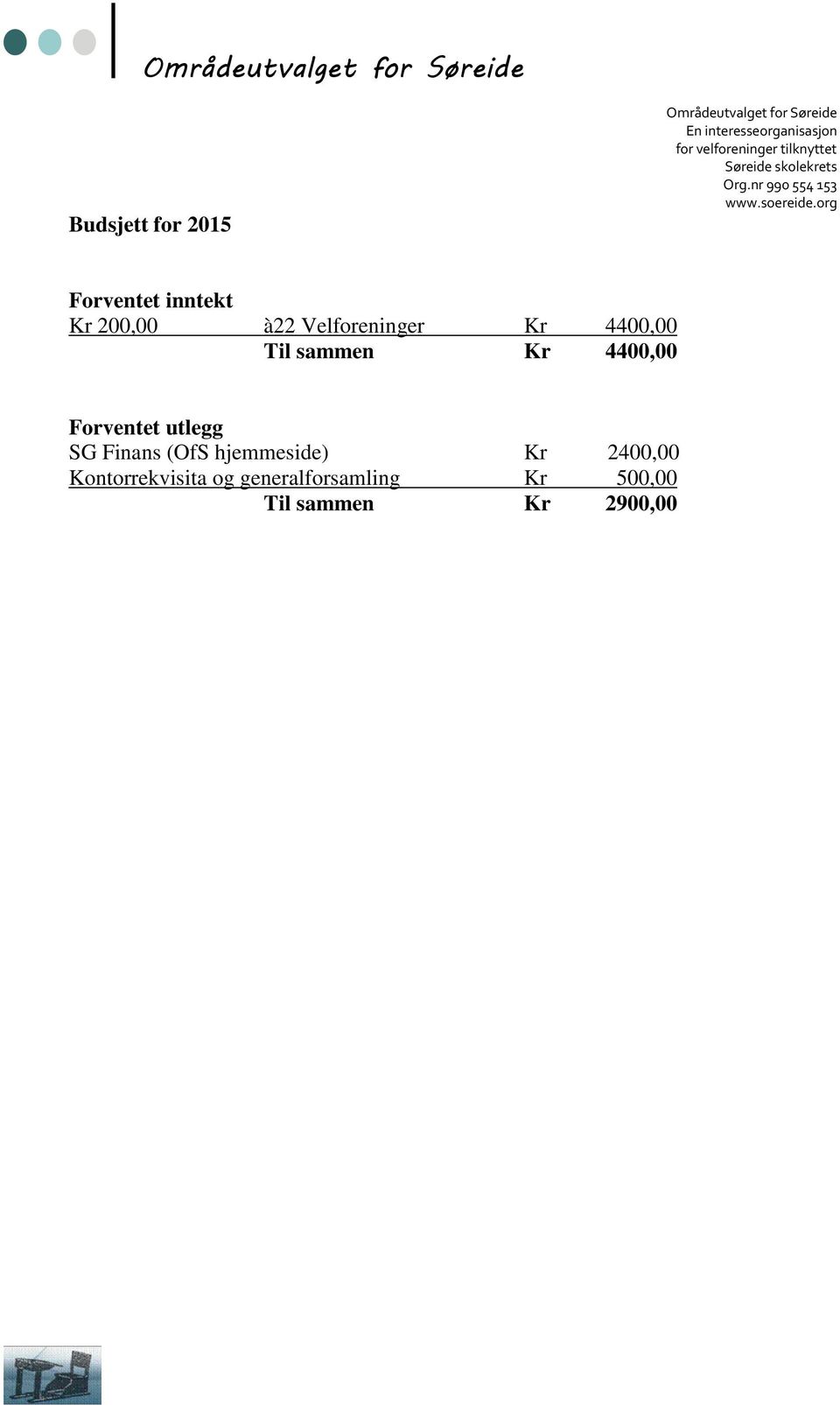 Forventet utlegg SG Finans (OfS hjemmeside) Kr 2400,00