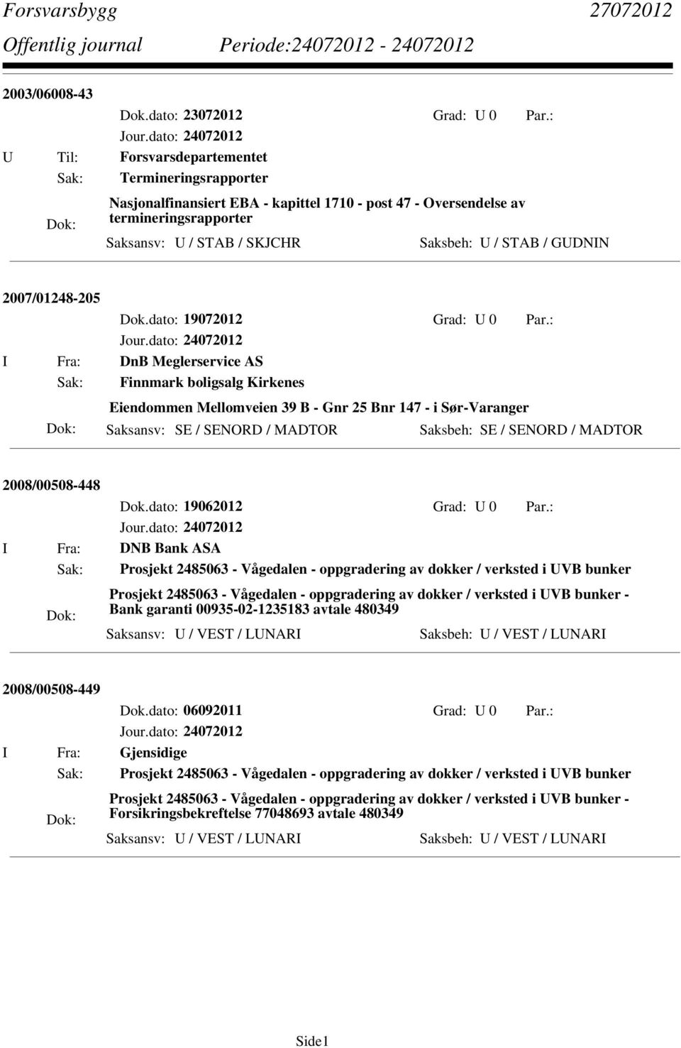 GUDNIN 2007/01248-205 I Fra: DnB Meglerservice AS Sak: Finnmark boligsalg Kirkenes Eiendommen Mellomveien 39 B - Gnr 25 Bnr 147 - i Sør-Varanger Saksansv: SE / SENORD / MADTOR Saksbeh: SE / SENORD /