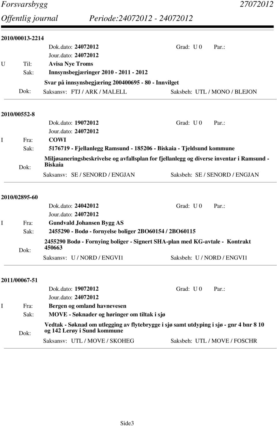 Sak: 5176719 - Fjellanlegg Ramsund - 185206 - Biskaia - Tjeldsund kommune Miljøsaneringsbeskrivelse og avfallsplan for fjellanlegg og diverse inventar i Ramsund - Biskaia Saksansv: SE / SENORD /