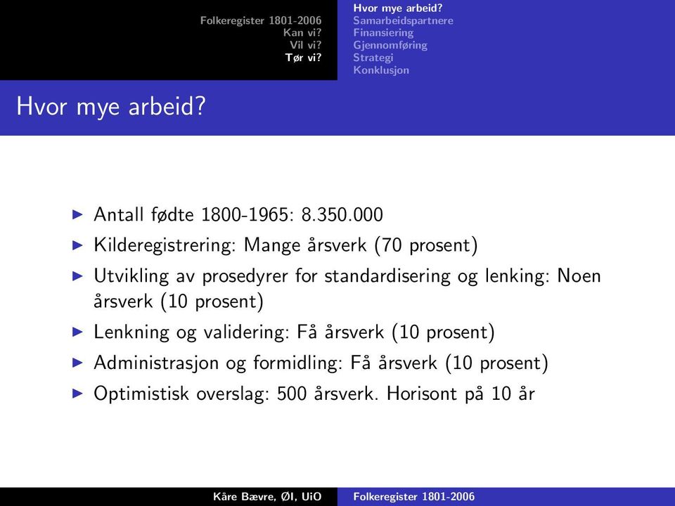 000 Kilderegistrering: Mange årsverk (70 prosent) Utvikling av prosedyrer for standardisering og lenking: