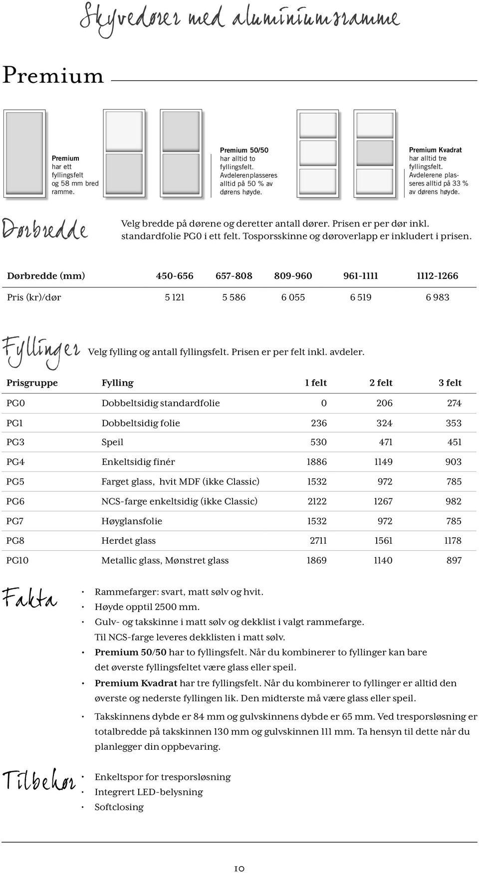 standardfolie PG0 i ett felt. Tosporsskinne og døroverlapp er inkludert i prisen.