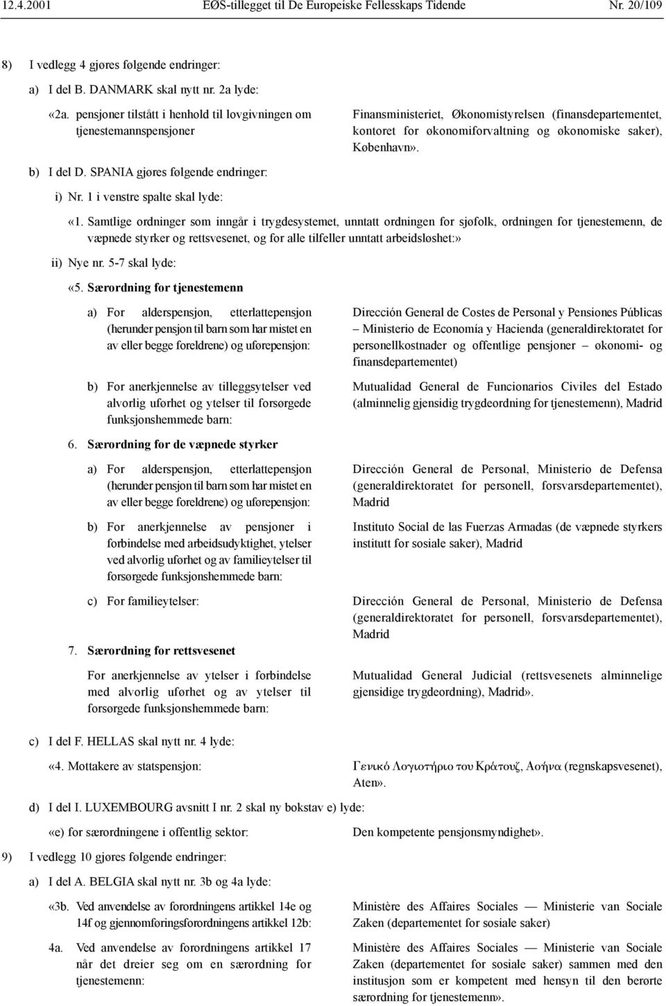 b) I del D. SPANIA gjøres følgende endringer: i) Nr. 1 i venstre spalte skal lyde: «1.