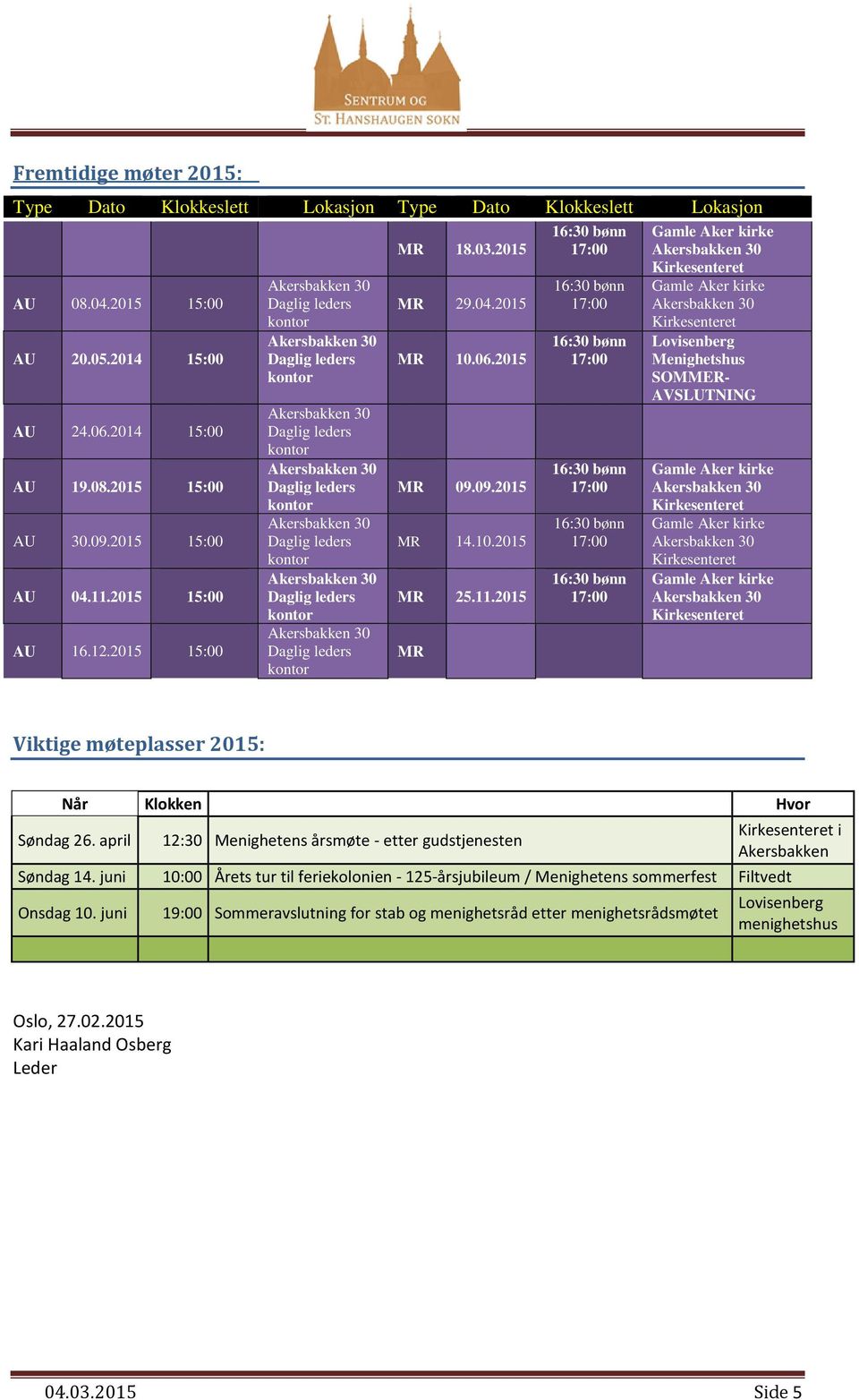 april 12:30 Menighetens årsmøte - etter gudstjenesten i Akersbakken Søndag 14. juni 10:00 Årets tur til feriekolonien - 125-årsjubileum / Menighetens sommerfest Filtvedt Onsdag 10.