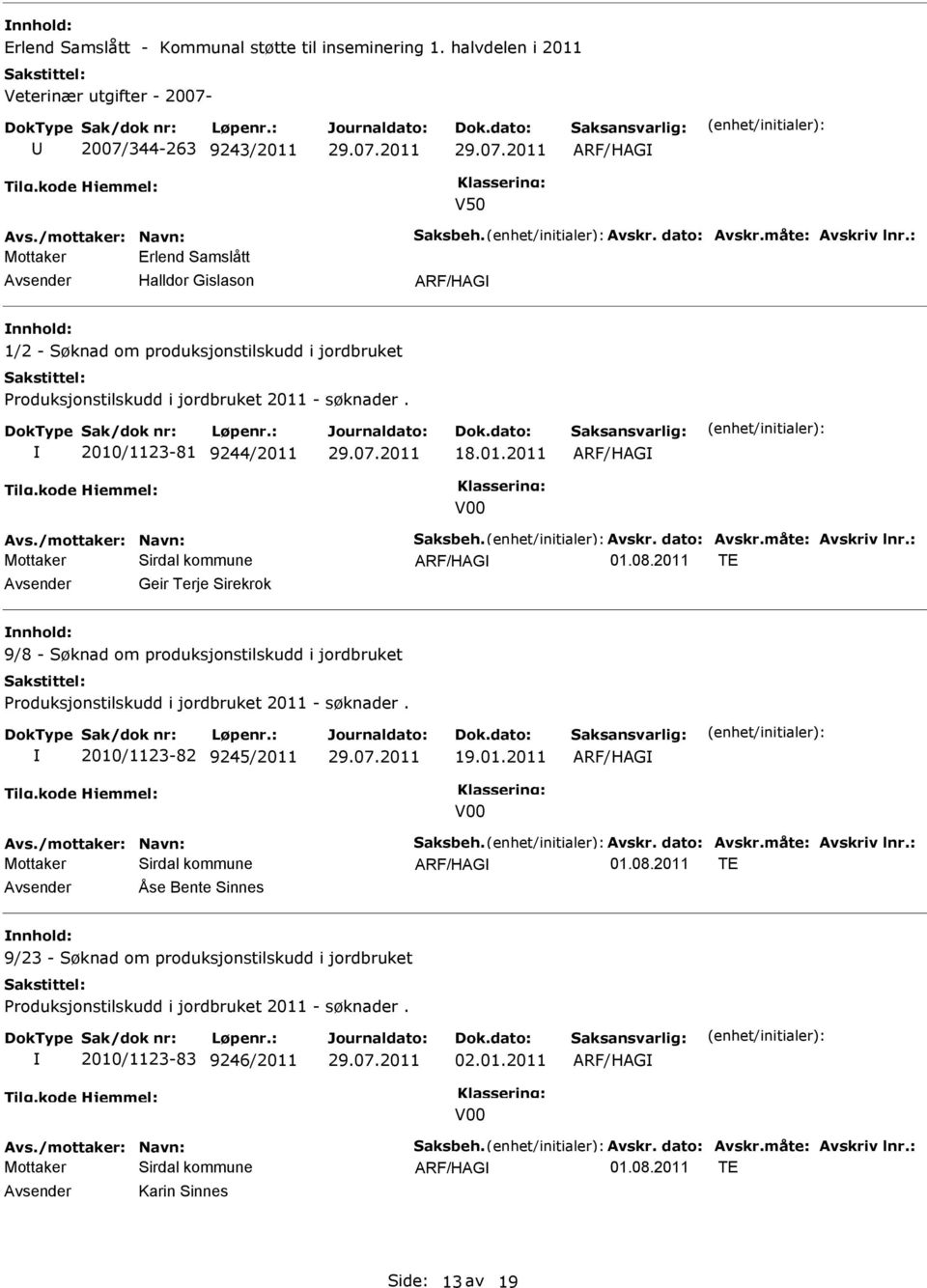 : Sirdal kommune Geir Terje Sirekrok 9/8 - Søknad om produksjonstilskudd i jordbruket 2010/1123-82 9245/2011 19.01.2011 Avs./mottaker: Navn: Saksbeh. Avskr. dato: Avskr.måte: Avskriv lnr.