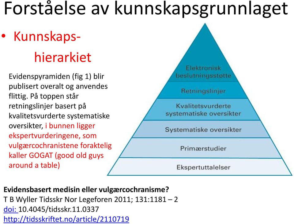 På toppen står retningslinjer basert på kvalitetsvurderte systematiske oversikter, i bunnen ligger ekspertvurderingene,