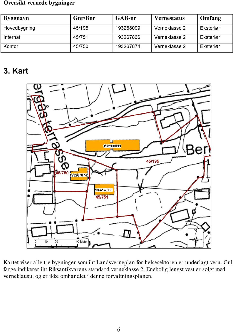 Kart Kartet viser alle tre bygninger som iht Landsverneplan for helsesektoren er underlagt vern.