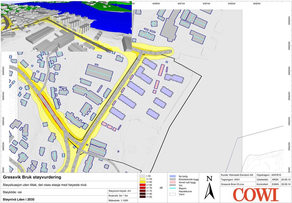 Støysone-høyde: 2m Rutenett: m * m 89Målestokk: 1:19 < >= >= >= >= 7 >= 7 >= 8 >= 8 9 db Ny bolig Eksisterende bygg Annet nytt bygg Vei Skjerm