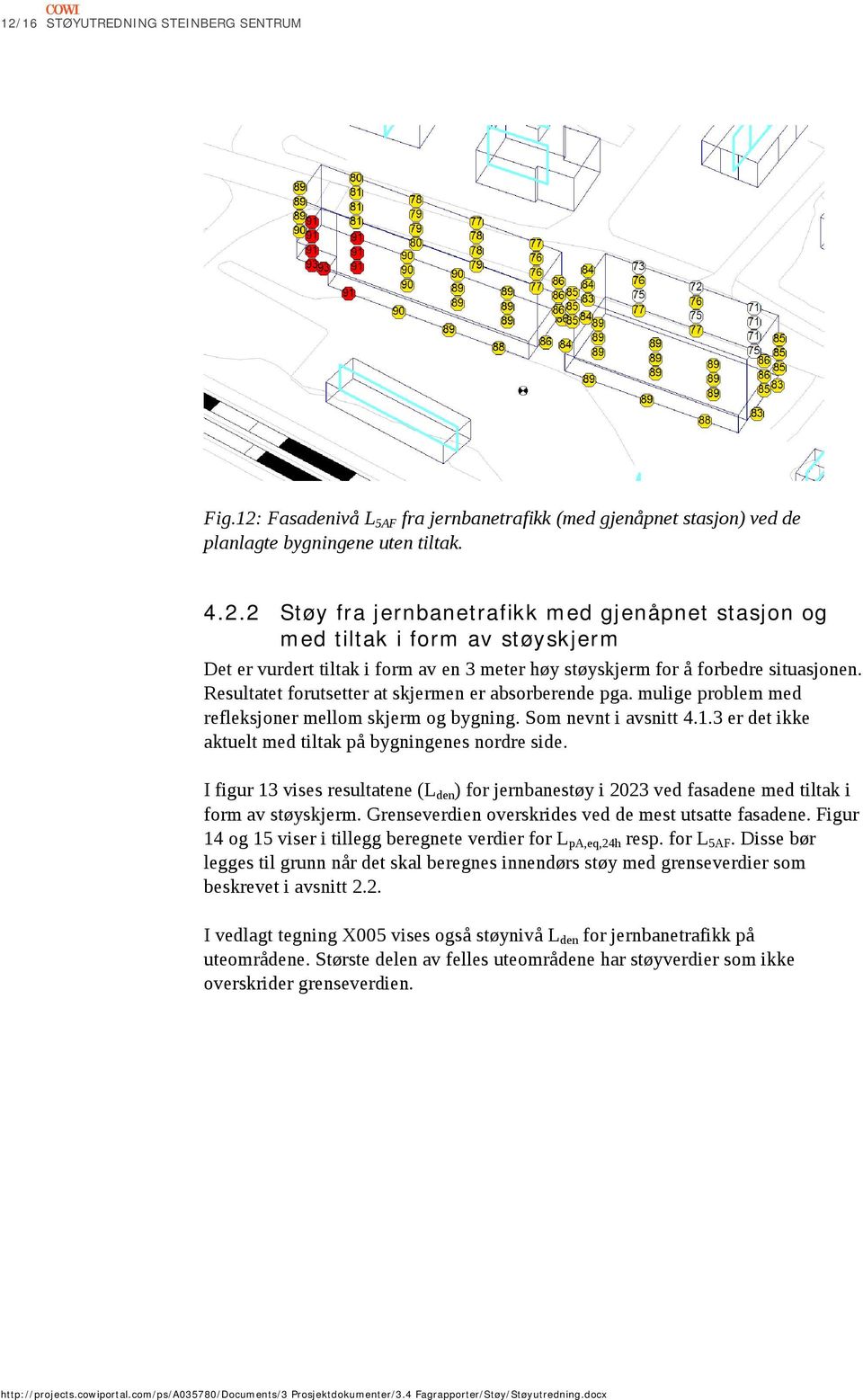 Resultatet forutsetter at skjermen er absorberende pga. mulige problem med refleksjoner mellom skjerm og bygning. Som nevnt i avsnitt..3 er det ikke aktuelt med tiltak på bygningenes nordre side.