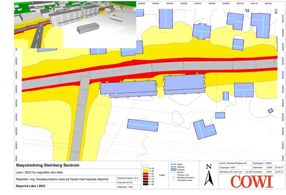 m*m Målestokk: : 3 >= >= >= Lden >= 7 >= 7 >= 8 >= 8 Road Railway Building Barrier Contour Line Building Evaluation Calculation