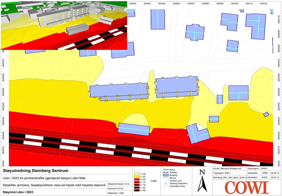 Rutenett: m*m 37 38 3 Målestokk: : 3 >= 8 >= 3 >= 8 Lden >= 73 >= 78 >= 83 >= 88 Road Railway Building Barrier Contour Line Building Evaluation