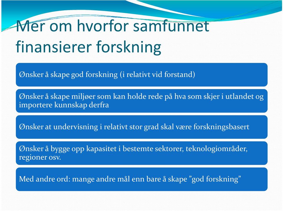 Ønsker at undervisning i relativt stor grad skal være forskningsbasert Ønsker å bygge opp kapasitet i