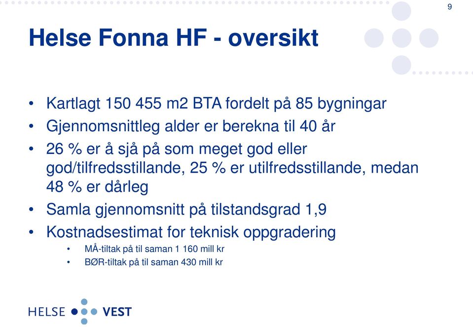 utilfredsstillande, medan 48 % er dårleg Samla gjennomsnitt på tilstandsgrad 1,9