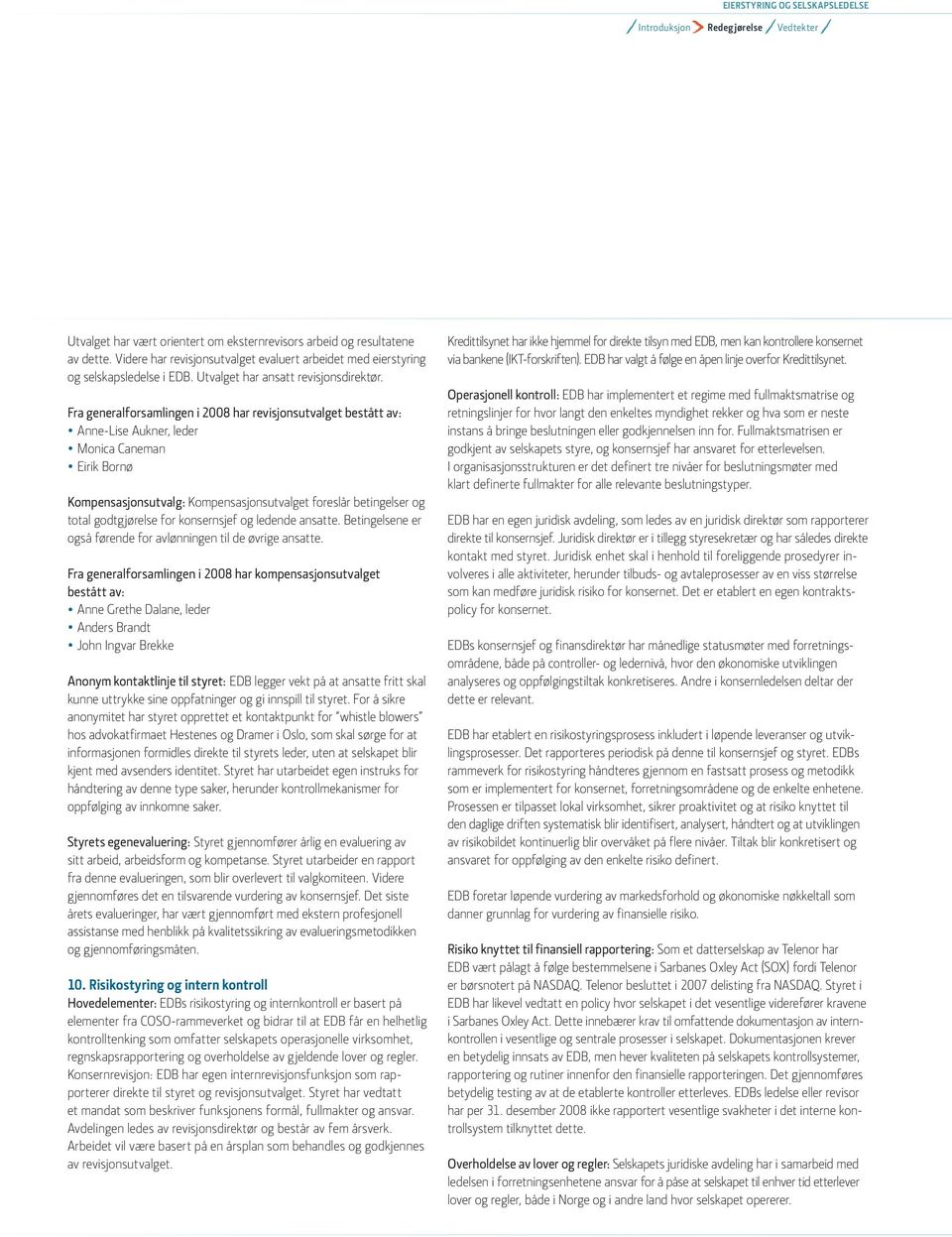 Fra generalforsamlingen i 2008 har revisjonsutvalget bestått av: Anne-Lise Aukner, leder Monica Caneman Eirik Bornø Kompensasjonsutvalg: Kompensasjonsutvalget foreslår betingelser og total